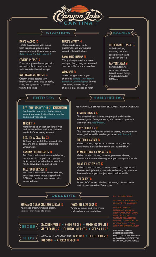 Canyon Lake Cantina Menu 7.26.26